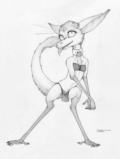 2017 anthro big_ears bottomwear bra clothing collar digitigrade ecmajor female greyscale hi_res loincloth mammal monochrome out-of-placers simple_background solo underwear webcomic webcomic_character white_background yinglet // 970x1280 // 163.7KB