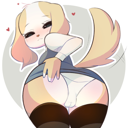 1:1 2021 <3 aggressive_retsuko anthro blush bottomwear camel_toe canid canine canis clothing domestic_dog female fur hi_res inui_(aggressive_retsuko) legwear looking_at_viewer low-angle_view mammal oopsynsfw panties sanrio simple_background skirt solo stockings tan_body tan_fur underwear upskirt white_panties // 2000x2000 // 1000.0KB