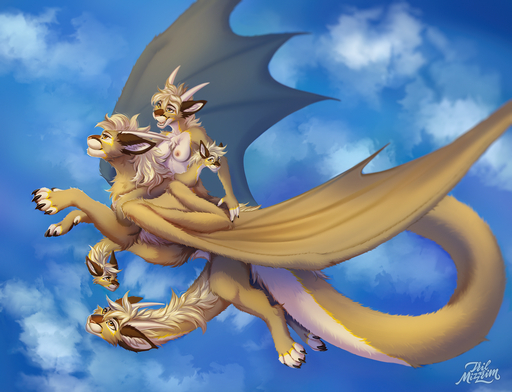 2021 anthro areola breasts day detailed_background digital_media_(artwork) dragon female fur furred_dragon group membrane_(anatomy) membranous_wings nipples nude outside sky smile tril-mizzrim wings // 1280x981 // 1.7MB