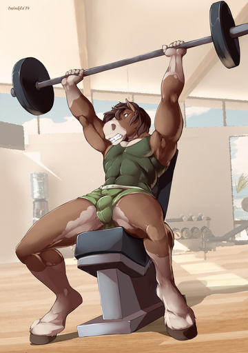 2014 abs anthro athletic biceps biped bottomwear brown_body brown_fur brown_hair bulge clenched_teeth clothing cyril_(modjo) digital_media_(artwork) equid equine exercise fur genital_outline gym hair hi_res holding_object hooves horse male mammal muscular muscular_anthro pecs penis_outline pose shirt shorts sitting solo tan_body tan_fur tank_top teeth tight_clothing topwear twinkle-sez weightlifting weights workout // 843x1200 // 213.2KB