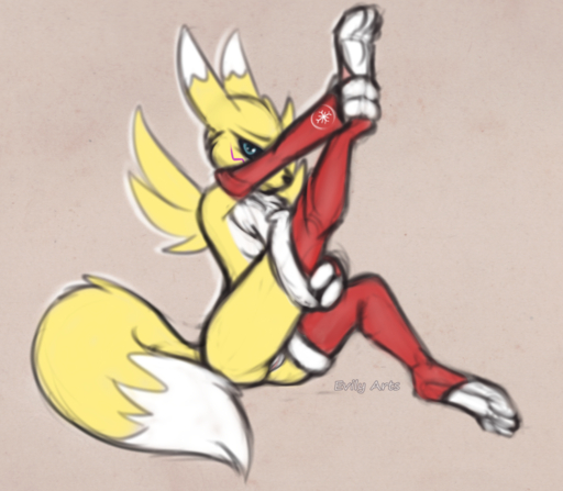 2020 anthro breasts canid clothing digimon digimon_(species) digital_media_(artwork) evilymasterful facial_markings feet female fingers fur genitals head_markings legwear looking_at_viewer mammal markings neck_tuft pussy renamon solo thigh_highs toes tuft yellow_body yellow_fur // 1012x884 // 1.0MB