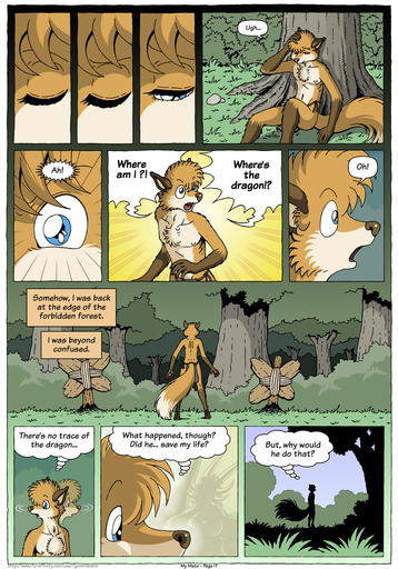 2015 anthro blue_eyes bottomwear canid canine chest_tuft clothed clothing comic detailed_background dialogue english_text eyes_closed farin forest fox fur geminisaint gloves_(marking) hi_res loincloth male mammal markings multicolored_body multicolored_fur nature nipples plant solo speech_bubble surprise text topless tree tuft waking_up // 896x1280 // 523.8KB