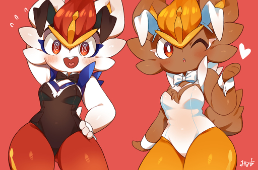 2022 <3 anthro blush breasts bunny_costume cinderace clothed clothing costume duo female fur generation_8_pokemon hi_res looking_at_viewer minamo_(pixiv17726065) one_eye_closed pokemon_(species) shiny_pokemon video_games white_body white_fur // 2861x1891 // 2.5MB
