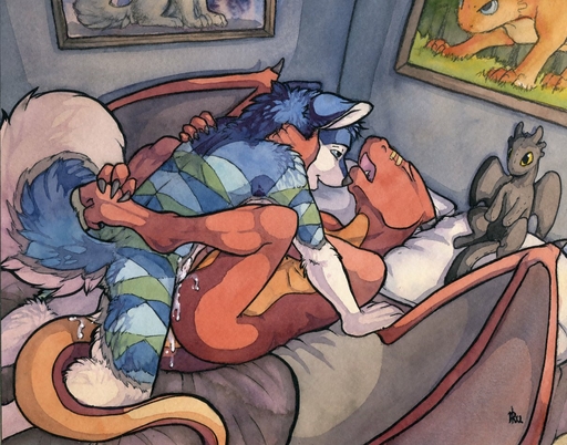 2015 3_toes anal anal_penetration anthro anthro_on_anthro bed bedroom blue_body blue_fur bodily_fluids butt canid canine canis claws cum cum_in_ass cum_inside cum_on_butt cum_on_tail dragon dreamworks duo embrace eyes_closed feet from_front_position fur furniture genital_fluids green_body green_fur hand_on_back hand_on_neck horn how_to_train_your_dragon interspecies leg_wrap legs_up lying male malemale male_penetrated male_penetrating male_penetrating_male mammal membrane_(anatomy) membranous_wings messy missionary_position moan multicolored_body multicolored_fur multicolored_scales night_fury nude on_back on_bed open_mouth orange_body orange_scales painting penetration picture_frame plushie red_body red_scales ruaidri scales scalie sex toe_claws toe_curl toes toothless two_tone_body two_tone_scales western_dragon white_body white_fur wings wolf // 1211x950 // 280.1KB