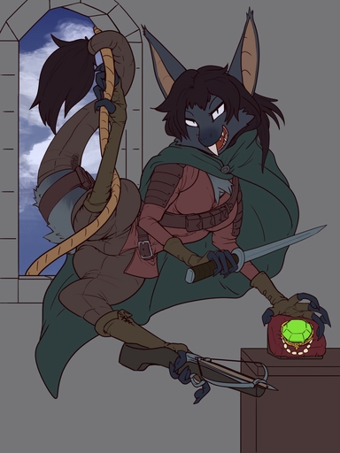 3:4 4_fingers 4_toes anthro cape chest_tuft clothed clothing crossbow dagger digital_media_(artwork) digitigrade emerald_(gem) feet female fingers fur furgonomics gem general-irrelevant hair hanging_from_rope hi_res holding_object holding_object_with_feet holding_rope holding_weapon jewelry looking_at_viewer mammal melee_weapon ranged_weapon rogue rope solo spread_legs spreading stealing tail_clothing tail_tuft teeth thief toes tuft weapon webcomic webcomic_character yinglet // 960x1280 // 161.8KB