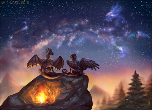 2018 avian black_border border brown_body brown_scales campfire cloud constellation digital_media_(artwork) dragon feathered_wings feathers feral fire gryphon izora love membrane_(anatomy) membranous_wings mountain mythological_avian night_sky red-izak red_body red_feathers ric'axoarrth scales scalie sitting star western_dragon wings // 1004x727 // 903.8KB