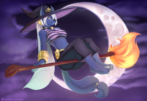 2015 anthro blue_body blue_fur breasts broom broom_riding canid canine canis cleaning_tool clothed clothing conditional_dnp female fur green_eyes hair hat headgear headwear hi_res jackal long_hair looking_at_viewer magic_user mammal moon night scappo solo text tsenaya url witch witch_hat // 1600x1107 // 1.7MB