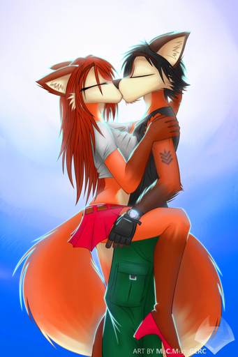 2:3 anthro bottomwear canid canine cassandra_(tailsrulz) clothed clothing duo eyes_closed female footwear fox fully_clothed high_heels kissing macmegagerc male malefemale mammal midriff romantic romantic_couple shoes skirt tattoo // 640x960 // 564.2KB