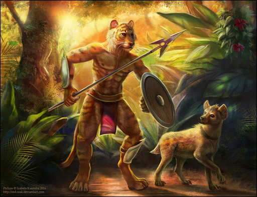 2016 ambiguous_gender anthro armor barechested barefoot bottomwear clothed clothing duo feet felid feral gauntlets gloves handwear hyaenid jungle khajiit light loincloth male mammal melee_weapon outside pantherine plant polearm red-izak shield spear spotted_hyena tiger topless tree video_games warrior weapon // 1000x770 // 764.1KB