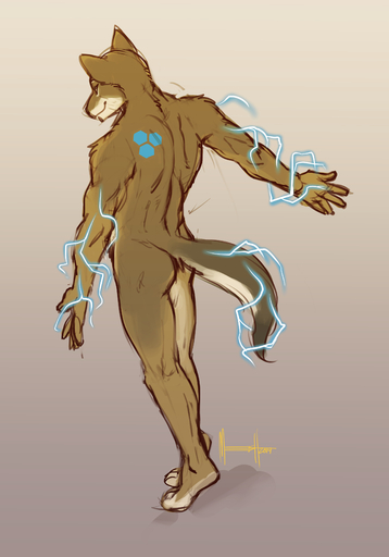 2014 absurd_res anthro athletic athletic_anthro athletic_male canid canine canis coyote digital_media_(artwork) electricity hexagon hi_res male mammal meesh nude plantigrade simple_background smile solo tattoo tukamos_(character) // 2520x3600 // 1.8MB