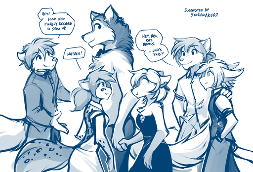 2020 ambiguous_gender anthro bare_shoulders basitin blue_and_white bow_tie breasts brutus_(twokinds) canid canine canis chest_tuft cleavage clothed clothing clovis_(twokinds) conditional_dnp crossgender date dialogue dress english_text felid feline female fox fur gloves_(marking) group hair hand_holding hand_on_shoulder hi_res hybrid kathrin_vaughan keidran keith_keiser larger_male male mammal markings monochrome mtf_crossgender natani ponytail side_view simple_background size_difference sketch smaller_female smaller_male smile spots spotted_body spotted_fur text tom_fischbach topless tuft twokinds webcomic webcomic_character white_background wolf zen_(twokinds) // 1772x1204 // 1.1MB