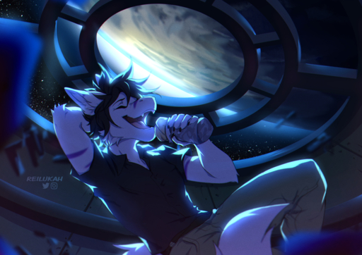 5_fingers anthro clothed clothing dragon eyebrows eyelashes eyes_closed fingers fur furred_dragon lukiri male open_mouth solo space teeth tongue wingless_dragon // 1200x848 // 1.5MB
