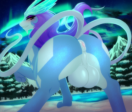 anus balls big_butt blush butt canid canine digital_media_(artwork) feral gaiki genitals girly hair legendary_pokemon looking_at_viewer looking_back male mammal nude pokemon_(species) puffy_anus red_eyes smile solo suicune thick_thighs video_games wide_hips // 1280x1088 // 325.7KB