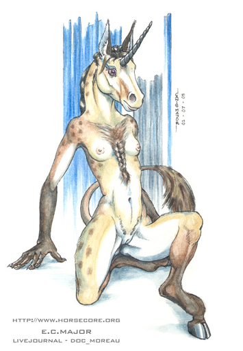 2005 anthro biped breasts chest_tuft ecmajor equid equine equustra_(ecmajor) female genitals hooves horn horse kneeling mammal nipples nude pussy solo tuft unicorn // 454x654 // 91.0KB