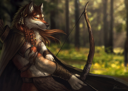 2020 5_fingers anthro black_nose blue_eyes bow_(weapon) brown_body brown_fur canid canine canis day detailed_background digital_media_(artwork) ear_piercing ear_ring fingers forest fur grass male mammal outside piercing plant ranged_weapon smile tree weapon wolf yasmil // 982x698 // 1.0MB