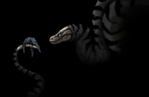 2014 ambiguous_gender avian bird black_background black_body black_feathers blue_eyes digital_media_(artwork) duo feathered_wings feathers feral hi_res reptile scalie shwonky simple_background snake wings // 2000x1300 // 486.7KB