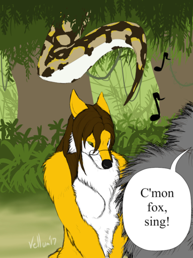 2017 3:4 ambiguous_gender anthro biped black_nose brown_body brown_hair brown_scales canid canine canis cheek_tuft comic countershade_torso countershading detailed_background digital_media_(artwork) ears_back english_text exclamation_point eyewear facial_tuft feral fox fur glasses green_eyes grey_body grey_fur group hair jungle leshana long_hair looking_down mammal multicolored_body multicolored_fur multicolored_scales musical_note nude outside pivoted_ears plant reptile scales scalie shrub signature singing snake snout solo_focus speech_bubble standing tan_body tan_scales text tree tuft two_tone_body two_tone_fur vellum vines white_body white_countershading white_fur white_scales wolf yellow_body yellow_fur yellow_scales yellow_tail // 750x1000 // 737.9KB
