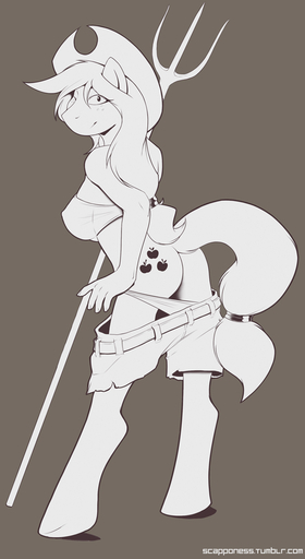 2012 anthro anthrofied applejack_(mlp) butt clothing conditional_dnp cowboy_hat cutie_mark earth_pony equid equine female freckles friendship_is_magic hasbro hat headgear headwear horse mammal my_little_pony one_eye_closed pitchfork pony scappo seductive simple_background solo tools wink // 617x1129 // 222.5KB