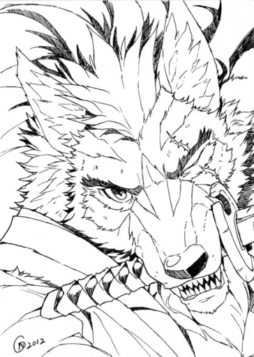 2012 anthro canid canine canis eye_scar facial_scar fur hair holding_katana male mammal monochrome morihiko mouth_hold null-ghost one_eye_closed scar signature solo tied_hair wolf // 568x800 // 214.8KB