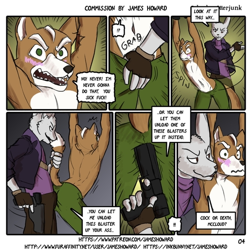 anthro blush bound bulge bullying butt canid canine clothed clothing comic dialogue digital_media_(artwork) dominant dominant_male duo english_text forced fox fox_mccloud grope hi_res james_howard lagomorph leporid male malemale mammal otterjunk profanity rabbit rape submissive submissive_male text threat threatening topless url video_games // 1821x1809 // 1.4MB