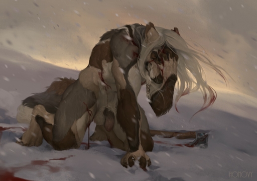 anthro axe balls biped blood bodily_fluids canid canine canis eyes_closed flaccid fur hair honovy kneeling male mammal melee_weapon outside penis pubes snow solo teeth weapon wolf wounded // 1280x905 // 135.3KB