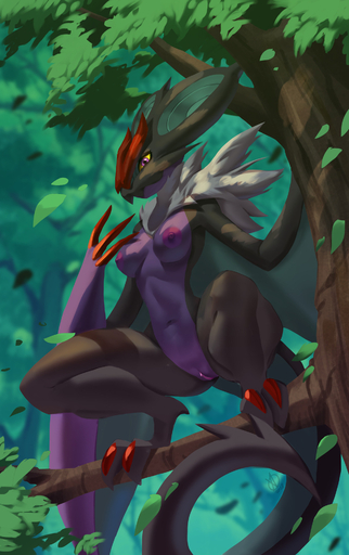 2018 alanscampos anthro black_body black_skin breasts claws dragon female forest genitals hi_res leaf multicolored_body multicolored_skin navel neck_tuft nipples noivern non-mammal_breasts nude outside perched plant pokemon_(species) pokemorph purple_body purple_eyes purple_skin pussy solo tree tuft two_tone_body two_tone_skin video_games winged_arms wings wyvern yellow_sclera // 1207x1920 // 384.8KB