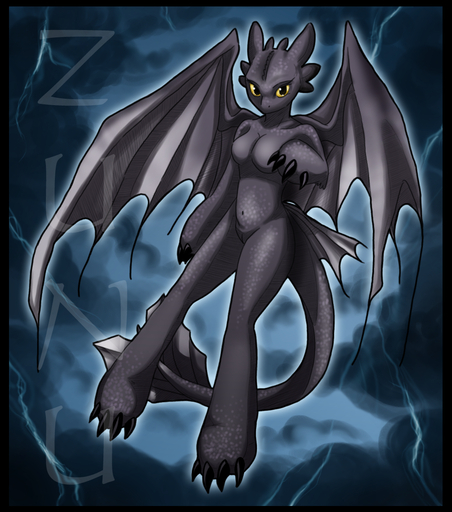 anthro breasts dragon dragoness female how_to_train_your_dragon night_fury nude pussy rick_123 rule_63 solo tail toothless wings zunu // 1054x1193 // 1.2MB