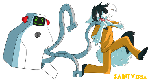 2018 >:) adult_swim asphyxiation black_body black_fur canid canine cartoon_network choking clothed clothing duo footwear fur hair hi_res machine male mammal open_mouth orange_clothing prisoner robot saintversa shoes simple_background strangling superjail! white_background white_body white_fur // 2787x1517 // 1.1MB