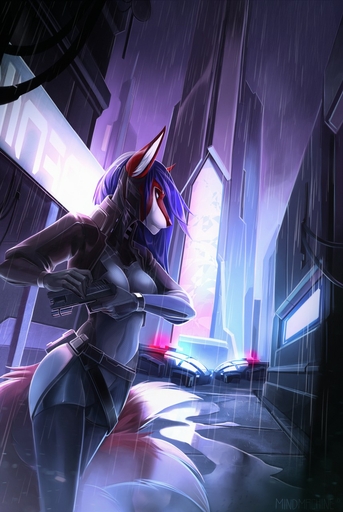 2018 5_fingers anthro anubian_jackal blue_eyes blue_hair canid canine canis clothed clothing female fingers future gun hair hi_res holding_gun holding_object holding_weapon jackal mammal mindmachine raining ranged_weapon solo weapon // 857x1280 // 222.3KB