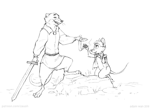 2018 anthro cape clothing don_bluth duo female fur hi_res justin_(nimh) larger_male male mammal melee_weapon monochrome mouse mrs._brisby murid murine rodent shirt size_difference sketch smaller_female sword text the_secret_of_nimh topwear url weapon whiskers zaush // 1800x1296 // 291.8KB