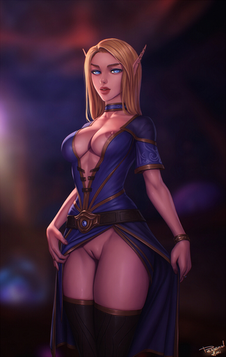 blizzard_entertainment blonde_hair blue_eyes breasts choker clothed clothing dress elf female genitals hair hi_res high_elf humanoid humanoid_pointy_ears jewelry legwear looking_at_viewer necklace nipples no_underwear not_furry personalami presenting presenting_pussy pussy solo thigh_highs video_games warcraft // 761x1200 // 423.7KB