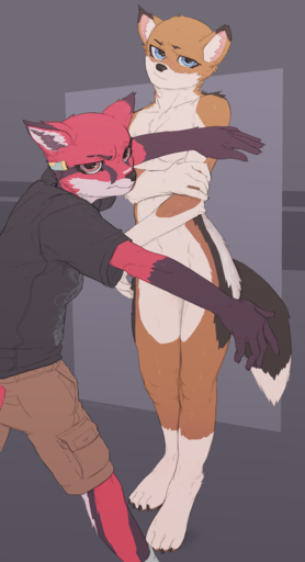 2020 absurd_res anthro blue_eyes bottomwear breasts brown_body brown_eyes brown_fur canid canine canis cargo_shorts clothed clothing covering covering_another covering_breasts covering_crotch crossed_arms duo female fox front_view fully_clothed fur hi_res humanoid_hands jackal looking_at_viewer mammal maxmushroom nude red_body red_fur shirt shorts standing t-shirt topwear whisper_(gabrielofcreosha) // 3175x5846 // 3.6MB