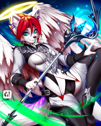 4:5 5_fingers anthro black_nose blue_eyes breasts canid canine canis clothed clothing digital_drawing_(artwork) digital_media_(artwork) dragonfu feathered_wings feathers female fingers fox fur hair holding_object hybrid kira_sher looking_at_viewer mammal red_hair smile solo staff white_body white_feathers white_fur wings wolf // 800x1000 // 709.2KB
