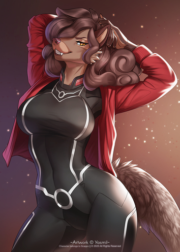 2020 5_fingers anthro breasts brown_hair canid canine clothed clothing digital_media_(artwork) eyebrows eyelashes female fingers hair hi_res mammal smile yasmil // 1086x1520 // 1.8MB