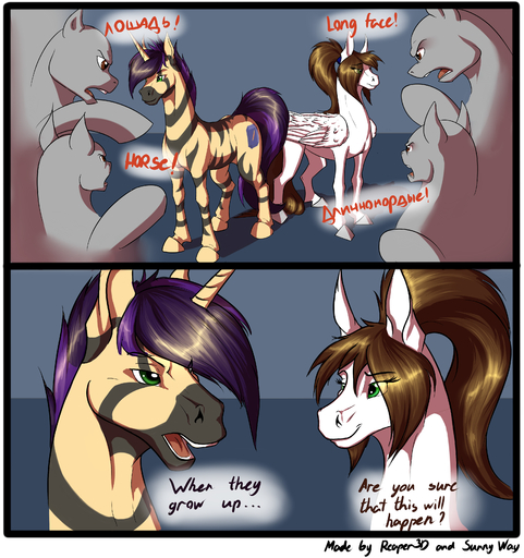 2016 absurd_res ambiguous_gender brown_eyes brown_hair comic cutie_mark dialogue duo_focus english_text equid equine fan_character feathered_wings feathers female feral fur green_eyes grey_background grey_body group hair hi_res horn horse long_hair male mammal my_little_pony open_mouth orange_body orange_fur pegasus pony purple_hair reaper3d simple_background smile stripes sunny_way sunny_way_(character) text tongue unicorn white_body white_feathers white_fur wings // 3100x3300 // 3.6MB