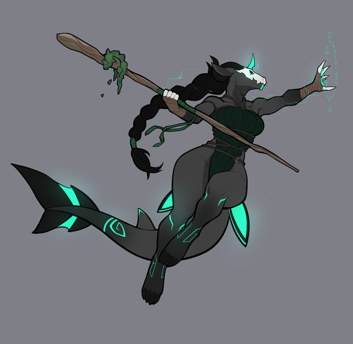 anthro bandage breasts clothed clothing female fish hair horn hybrid marine melee_weapon non-mammal_breasts polearm shark solo spear spearfrost underwater water weapon wide_hips // 1000x974 // 288KB