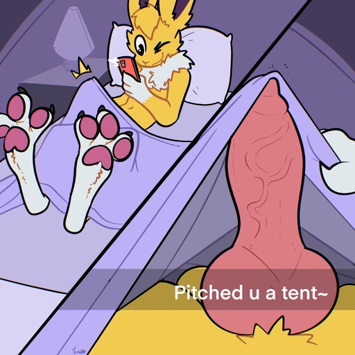 3_toes absurd_res animal_genitalia animal_penis anthro bedroom canine_penis cellphone cheek_tuft dick_pic ear_tuft eeveelution erection facial_tuft feet fur genitals hi_res jolteon knot lying male neck_tuft nude on_back one_eye_closed pawpads paws penis phone pink_pawpads pitching_a_tent pokemon_(species) smartphone smile smirk smug smug_face smug_grin solo spread_legs spread_toes spreading the_xing1 toes tuft vein veiny_penis video_games white_body white_fur wink yellow_body yellow_fur // 3000x3000 // 594.2KB