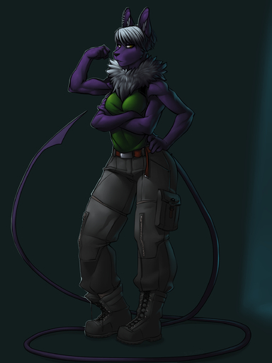 3:4 4_arms absurd_res anthro biped clothed clothing faint female fur hair hi_res khyn long_tail multi_arm multi_limb muscular muscular_anthro muscular_female neckfloof nusair purple_body purple_fur solo standing white_hair // 1875x2500 // 1.1MB