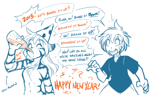 2015 alcohol anthro beverage casual_nudity clothing conditional_dnp dialogue domestic_cat drinking duo english_text felid feline felis female flora_(twokinds) food hat headgear headwear human keidran male mammal monochrome nude panic pantherine party_hat sketch speech_bubble text tiger tom_fischbach trace_legacy twokinds webcomic webcomic_character // 1166x742 // 105.9KB