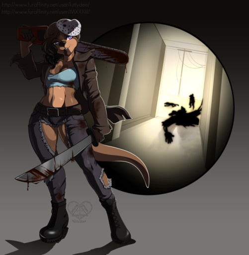 black_hair black_nose blood bodily_fluids breasts chainsaw clothed clothing female hair hi_res holding_object holding_weapon kittydee lutrine machete mammal mask melee_weapon midriff multicolored_eyes mustelid navel power_tool smile solo tools torn_clothing undead weapon zombie // 1252x1280 // 895.7KB