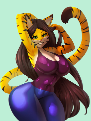 3:4 anthro big_breasts breasts brown_hair clothing digital_media_(artwork) felid female general-irrelevant green_eyes hair hi_res long_hair mammal pantherine pupils shaded simple_background slit_pupils smile solo striped_body stripes tiger tight_clothing white_background yellow_body // 1080x1440 // 579KB