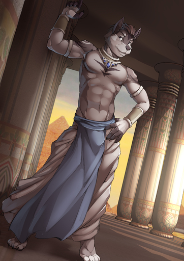 2019 4_toes 5_fingers abs absurd_res anthro biped canid canine canis clothed clothing detailed_background digital_media_(artwork) feet fingers hi_res male mammal smile solo standing toes topless twinkle-sez wolf // 2893x4092 // 2.2MB