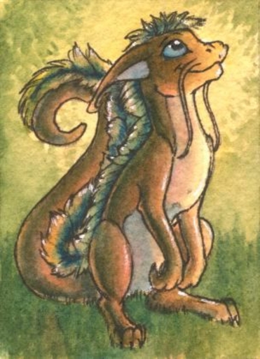 2012 ambiguous_gender anthro barbel_(anatomy) blue_eyes brown_body brown_fur dragon flesh_whiskers fur furred_dragon grass grey_body grey_fur long_ears long_tail looking_up low_res mane plant ruaidri solo // 304x419 // 31KB