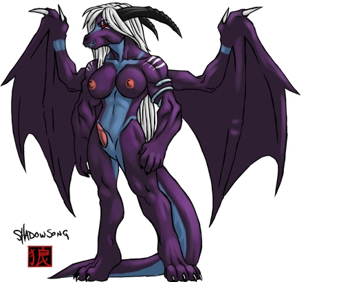 5:4 animal_genitalia anthro breasts claws dragon erection faint genitals gynomorph hair horn intersex membrane_(anatomy) membranous_wings nipples non-mammal_breasts nude penis purple_body purple_scales sackless scales scalie shadowsong sheath solo source_request white_hair wings // 750x600 // 175.8KB