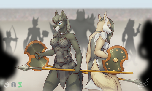 2017 5:3 absurd_res anthro armor blue_eyes braided_hair breasts canid canine canis cleavage clothed clothing coyote digital_media_(artwork) duo_focus female for_honor green_eyes group hair hi_res holding_object holding_weapon jessica_vega long_hair mammal melee_weapon polearm reaper3d renvy shield simple_background spear unconvincing_armor weapon wolf // 4000x2400 // 4.1MB