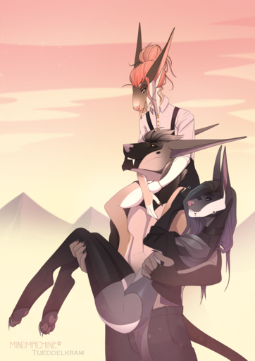 acrador ambiguous_gender anthro canid canine canis carrying clothing collaboration dea dea_(the_witch_of_taal) group jack_(tueddelkram) jackal legwear long_ears male mammal mindmachine stockings tongue tueddelkram xiphos_(tarkeen) // 707x1000 // 497.0KB