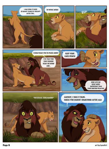 balls barely_visible_balls barely_visible_genitalia comic detailed_background dialogue english_text eye_scar facial_scar felid female feral genitals grass hi_res kiara kovu lion looking_at_another male malefemale mammal mane on_model outside pantherine paw_on_head paw_on_muzzle paws plant pussy radixpanther reallynxgirl scar sky speech_bubble text voyeur whiskers yellow_eyes // 942x1280 // 741.5KB