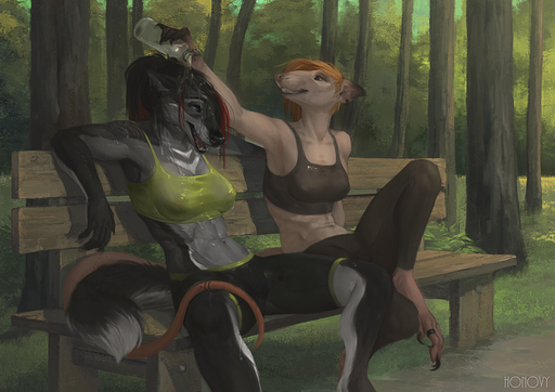 anthro bench black_lips black_nose breasts canid canine canis clothed clothing detailed_background duo female forest grin honovy honovy_(character) jacki_northstar lips mammal midriff murid murine muscular muscular_female nipples on_bench outside park plant rat relaxing rodent sitting smile sport translucent translucent_clothing tree wet wet_clothing wolf // 1100x778 // 1.2MB