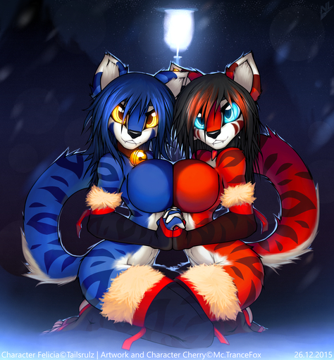2015 anthro bell big_breasts blue_body blue_eyes blue_fur breast_squish breasts breasts_frottage cherry_(macmegagerc) clothing collar duo felicia_(tailsrulz) felid female fur glowing glowing_eyes hand_holding hi_res kneeling legwear looking_at_viewer macmegagerc mammal mostly_nude orange_eyes pantherine red_body red_fur side_boob smile squish stripes thigh_highs tiger // 1296x1400 // 2.1MB