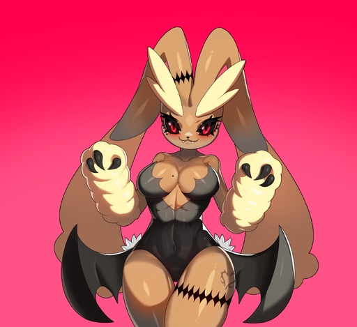 absurd_res anthro black_claws black_clothing black_sclera breasts brown_ears claws clothed clothing drunk_oak female front_view hi_res leotard looking_at_viewer lopunny nintendo pink_background pokemon pokemon_(species) red_eyes simple_background solo strapless_leotard thigh_gap video_games // 2695x2468 // 2.8MB
